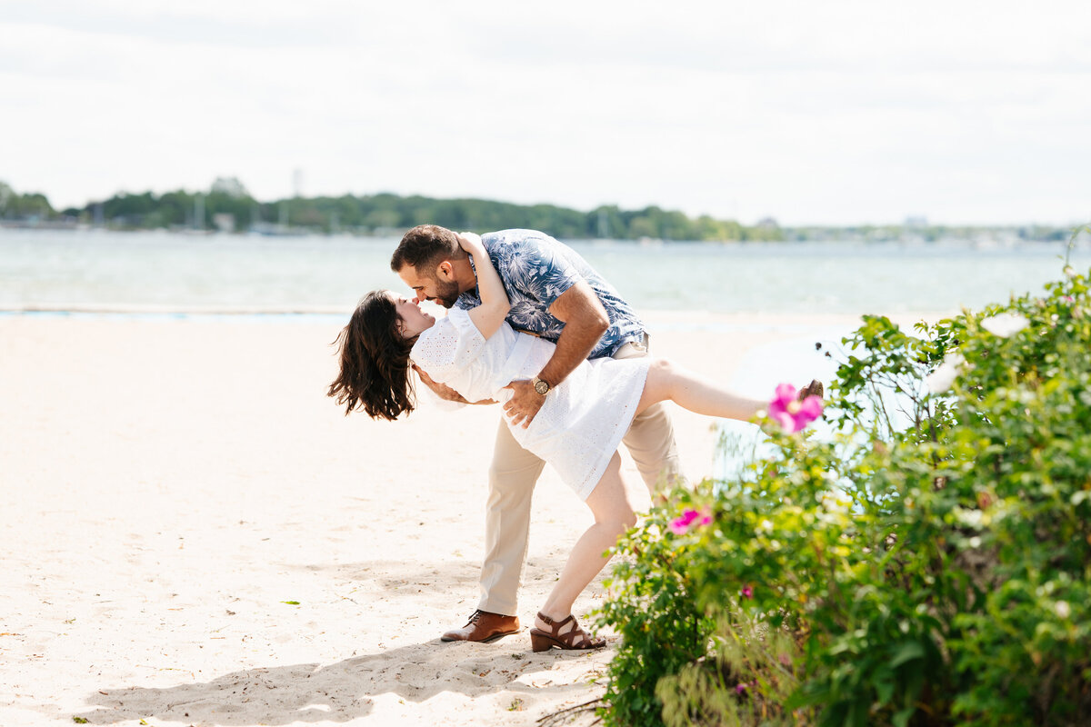 Natural light engagement portrait at Lynch Park’s rose garden in Beverly, Massachusetts
