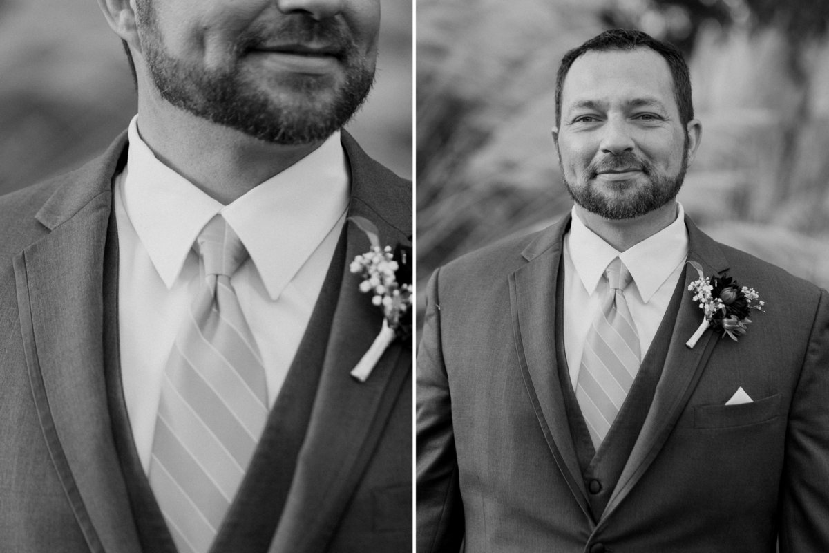 Black and white photo of Oregon groom portraits with boutonniere  | Susie Moreno Photography