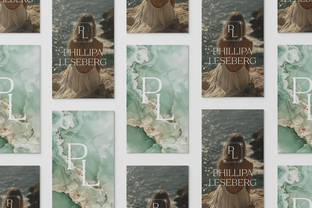 A repeated pattern of book covers featuring a woman in a brown dress by the water and an abstract icy blue design with the text "Philida Leseberg" and "PL" in white.