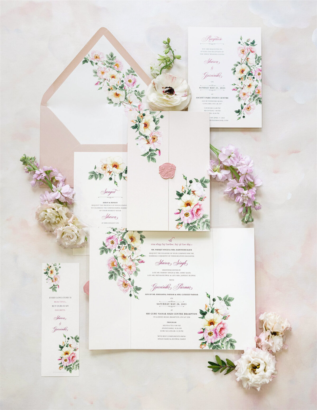 Blush gate-fold wedding invitation 1
