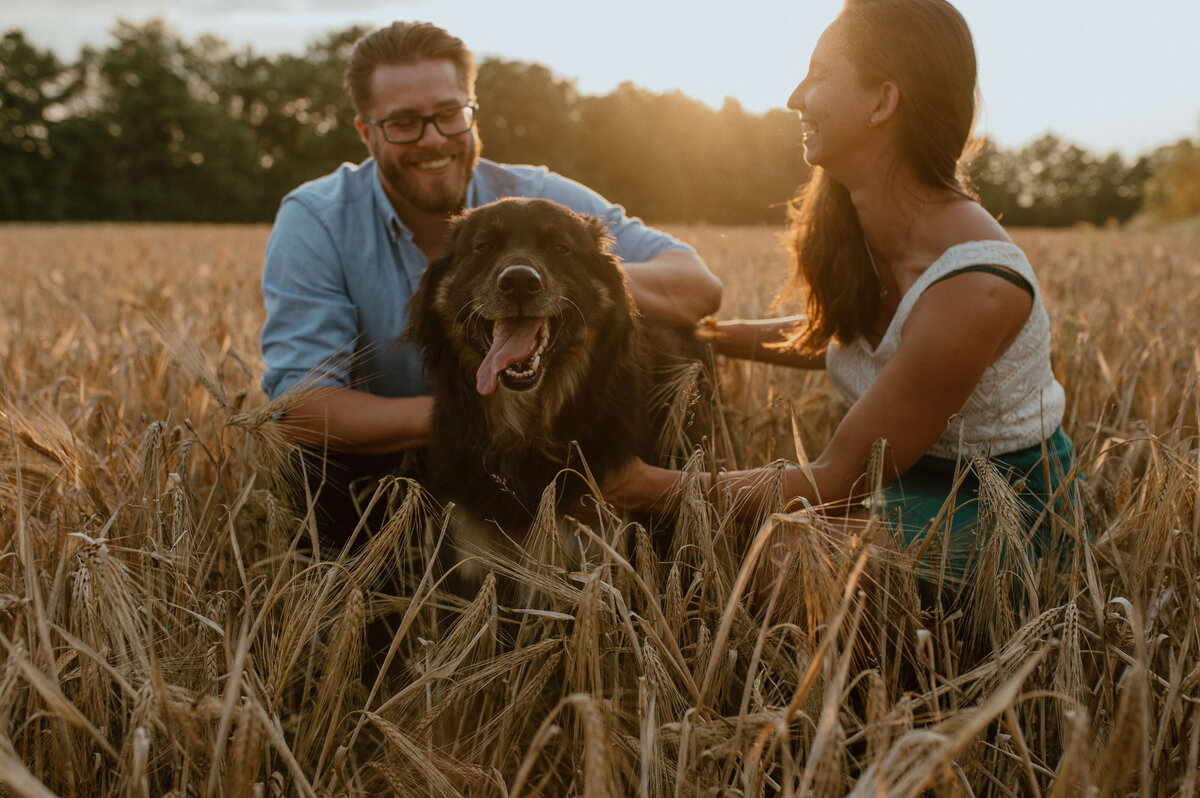 couple with their dog for a proposal at golden hour