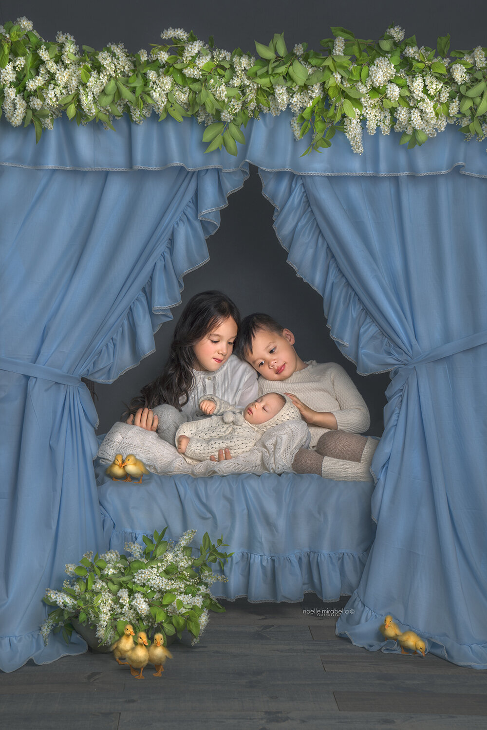 Three children snuggled up under blue canopy bed. Baby ducklings playing on the floor.  Vintage style portrait of children.