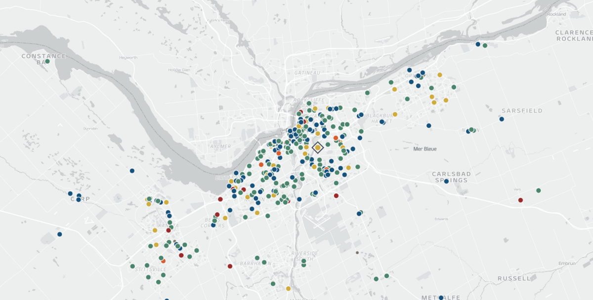 Image of a map that outlines the benchmarking projects that are being worked on in the Ottawa area