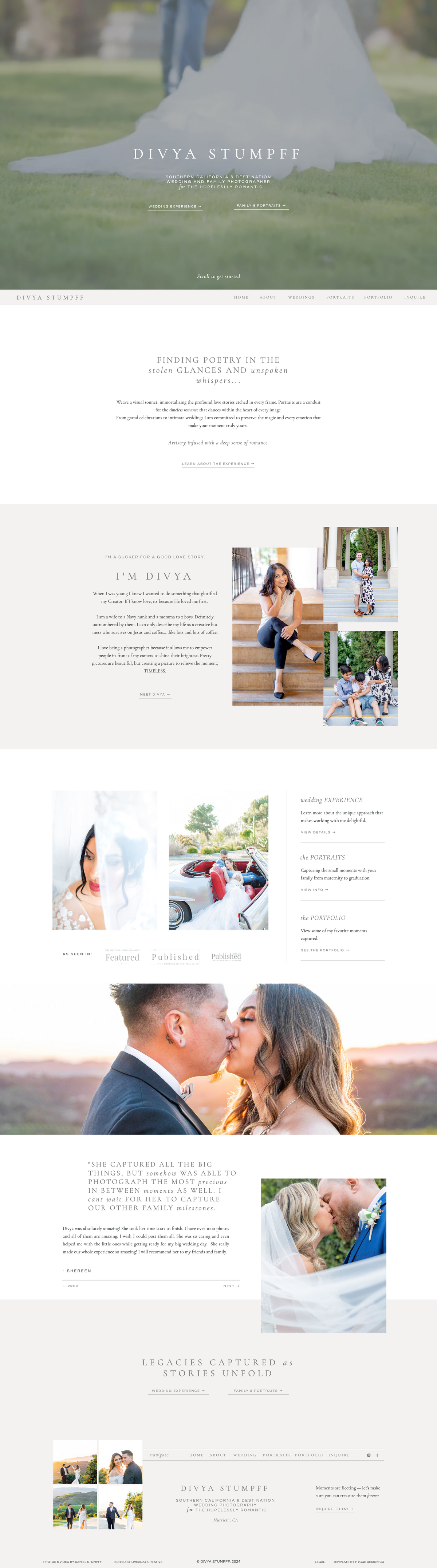 Showit homepage design for Divya Stumpff Photography with elevated, editorial-inspired layout