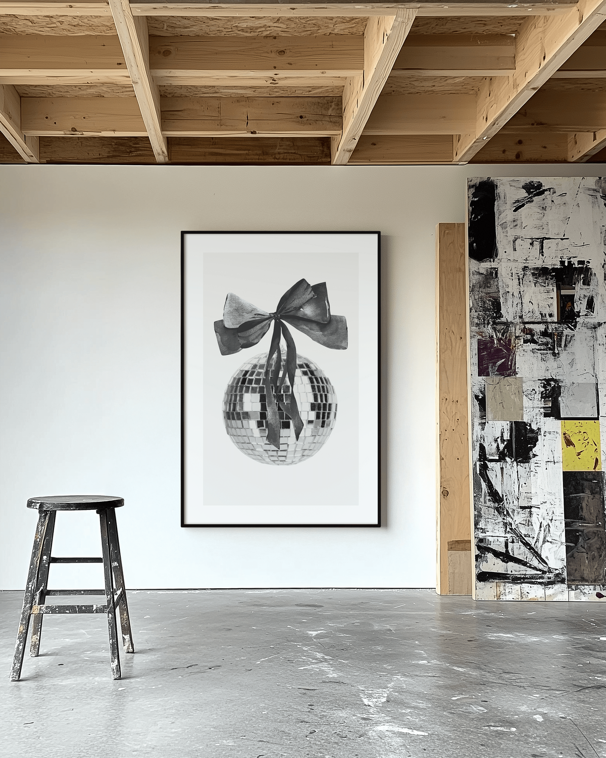 A framed black and white artwork by Sweet Pea Ink Designs features a disco ball with a bow, hanging on a white studio wall beside an abstract painting and a worn wooden stool—perfect for adding brand design flair to any space.