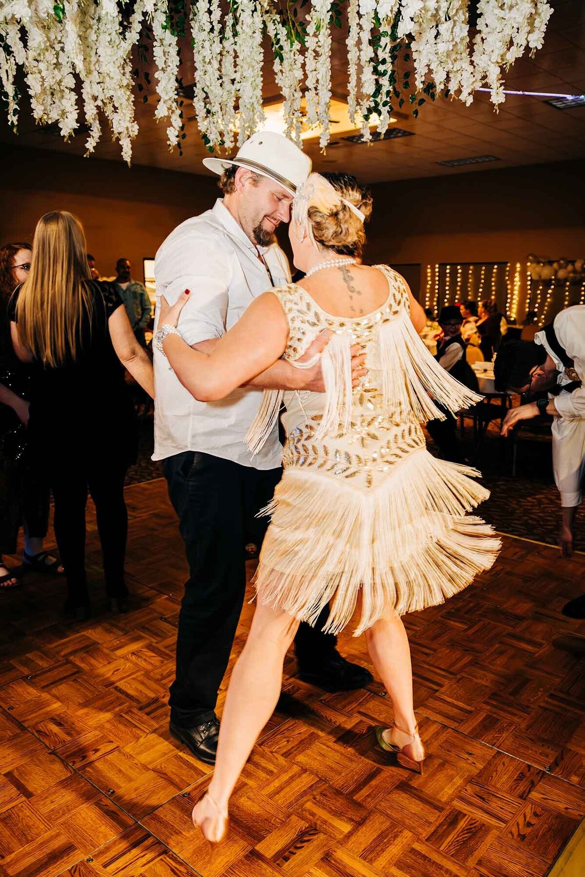 Guests dancing at wedding reception, Broadway River Inn, Hamilton, MT