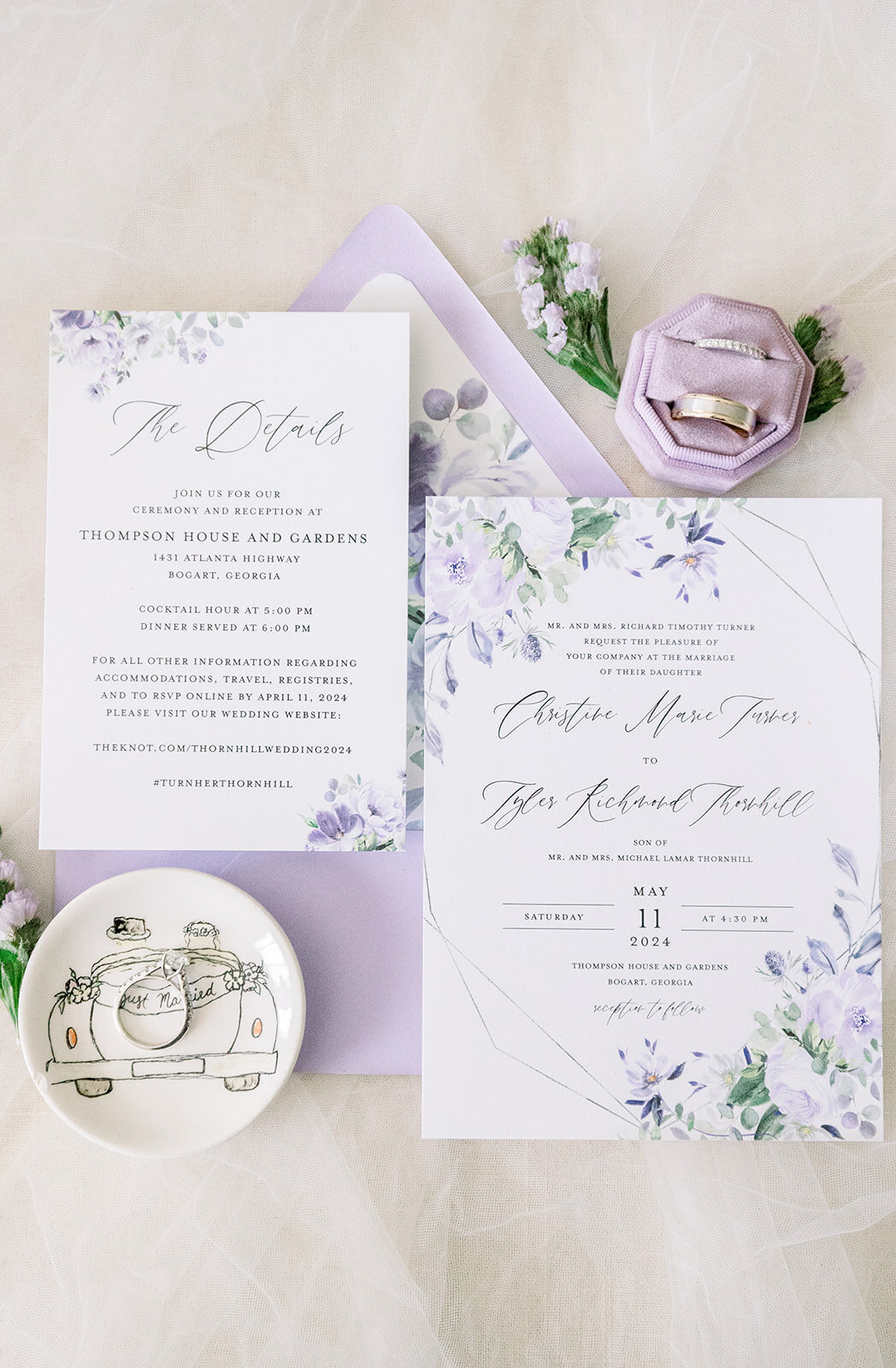 Wedding details in lilac floral for wedding at The Thompson House & Gardens, Bogart, GA 