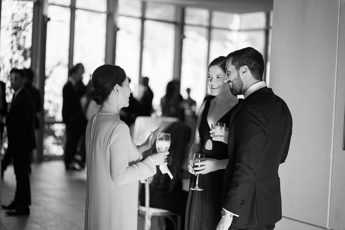 Guests mingle holding refined glassware during a wedding cocktail hour in an area filled with natural light from large windows at the Aspen Meadows Resort wedding venue.