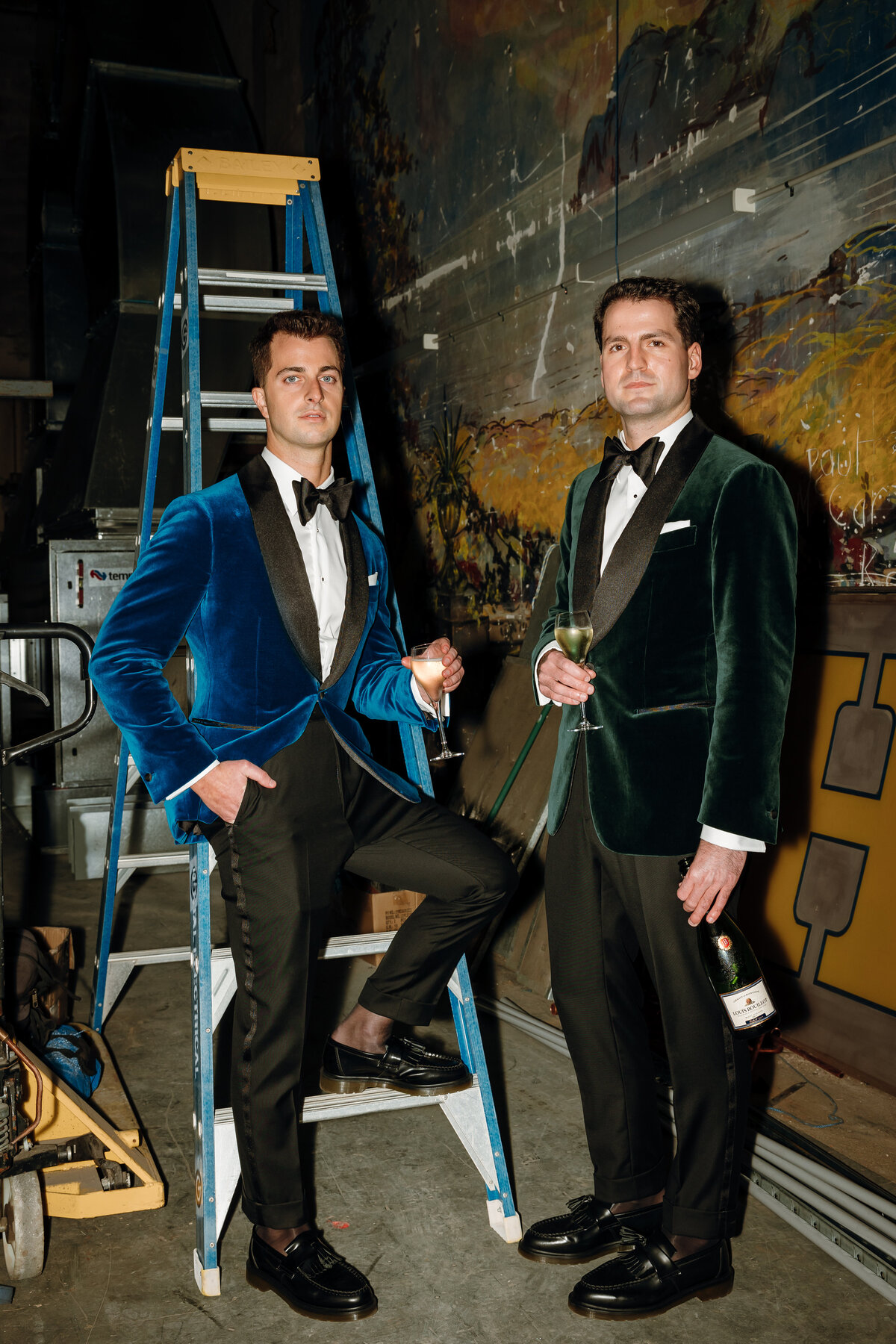 Flash photography of two grooms in their velvet suits at the backstage of Regal Cinema.