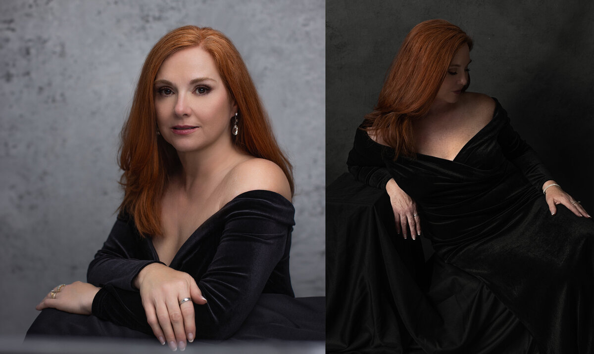 A red head ginger women in a black dress reclines and looks away from camera in one image and she also looks at the camera while posing in front of grey backdrop as she poses for a glamour portrait at Janel Lee Photography studios in Cincinnati Ohio