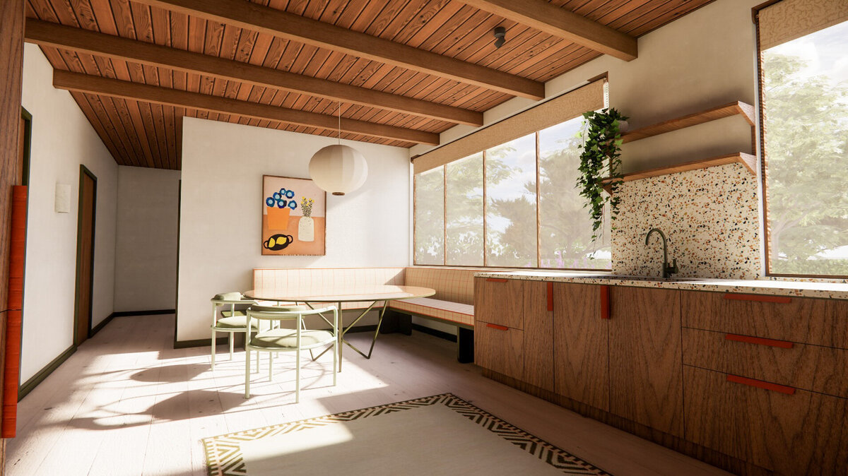 Looking through a door into a light filled bedroom.