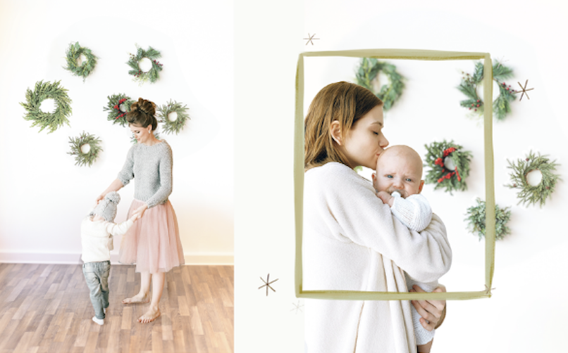 Roseburg Christmas minis with McKenzie Strong Photo for 2025 feature a wreath wall and vintage red sofa.