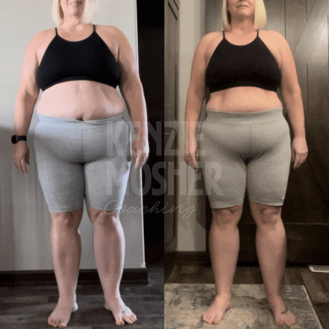 Woman’s before and after fat loss results from functional nutrition and hormone balance coaching by Kenzie Mosher.