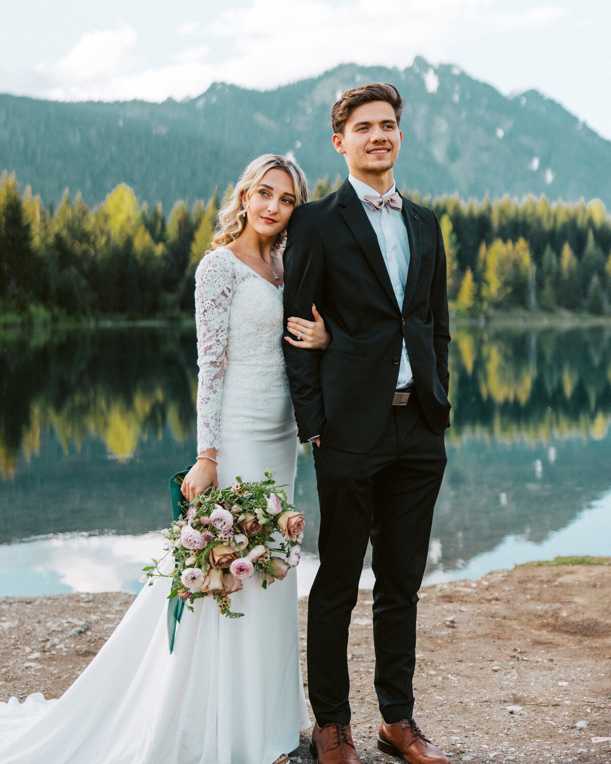pnw film elopement photography in gold creek pond in washington state