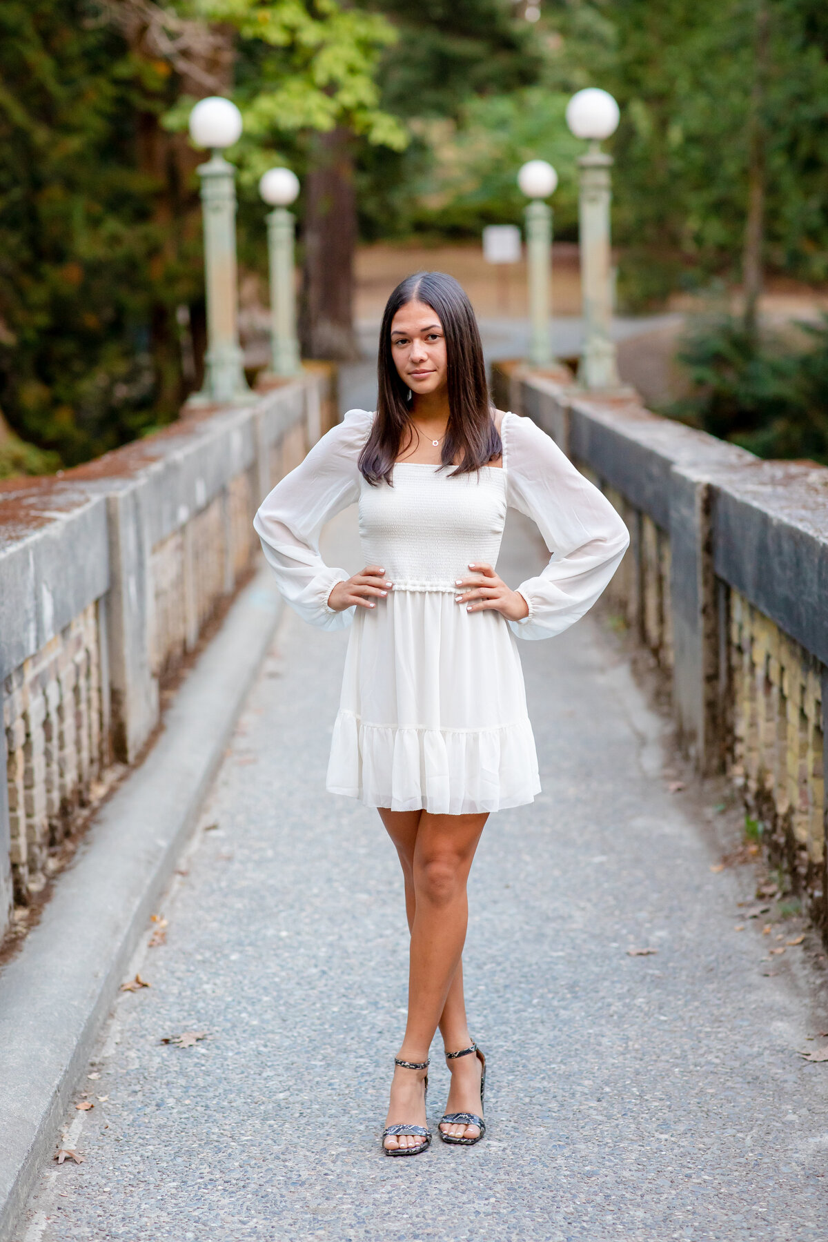 girl in white dress on bridge Arboretum Seattle