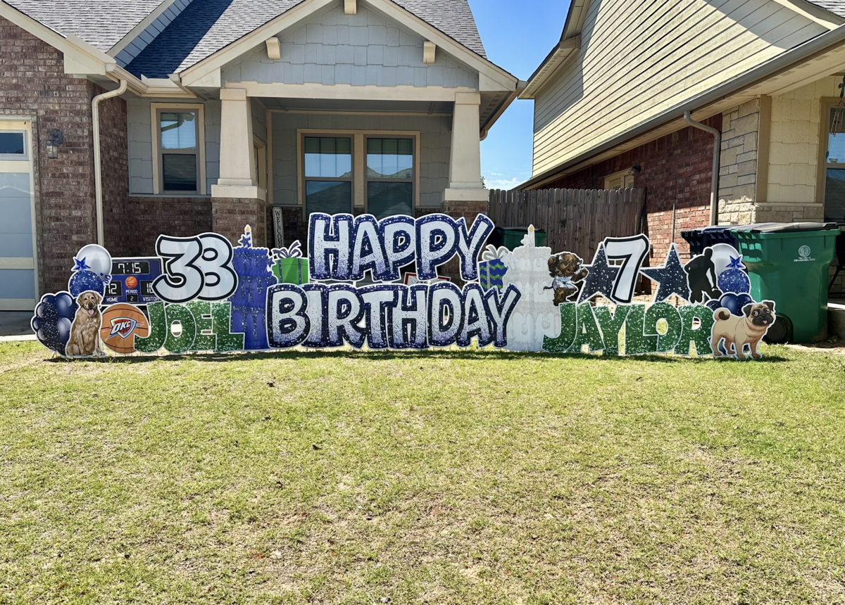 Custom birthday yard sign setup in Edmond, Oklahoma. Simply Sign It is a yard greeting rental company servicing Edmond, NW OKC, Piedmont, and Deer Creek. Order a yard greeting for birthdays, graduation, anniversary, back-to-school, and birth announcements. Design features  soccer, photo frames, and sea themes.