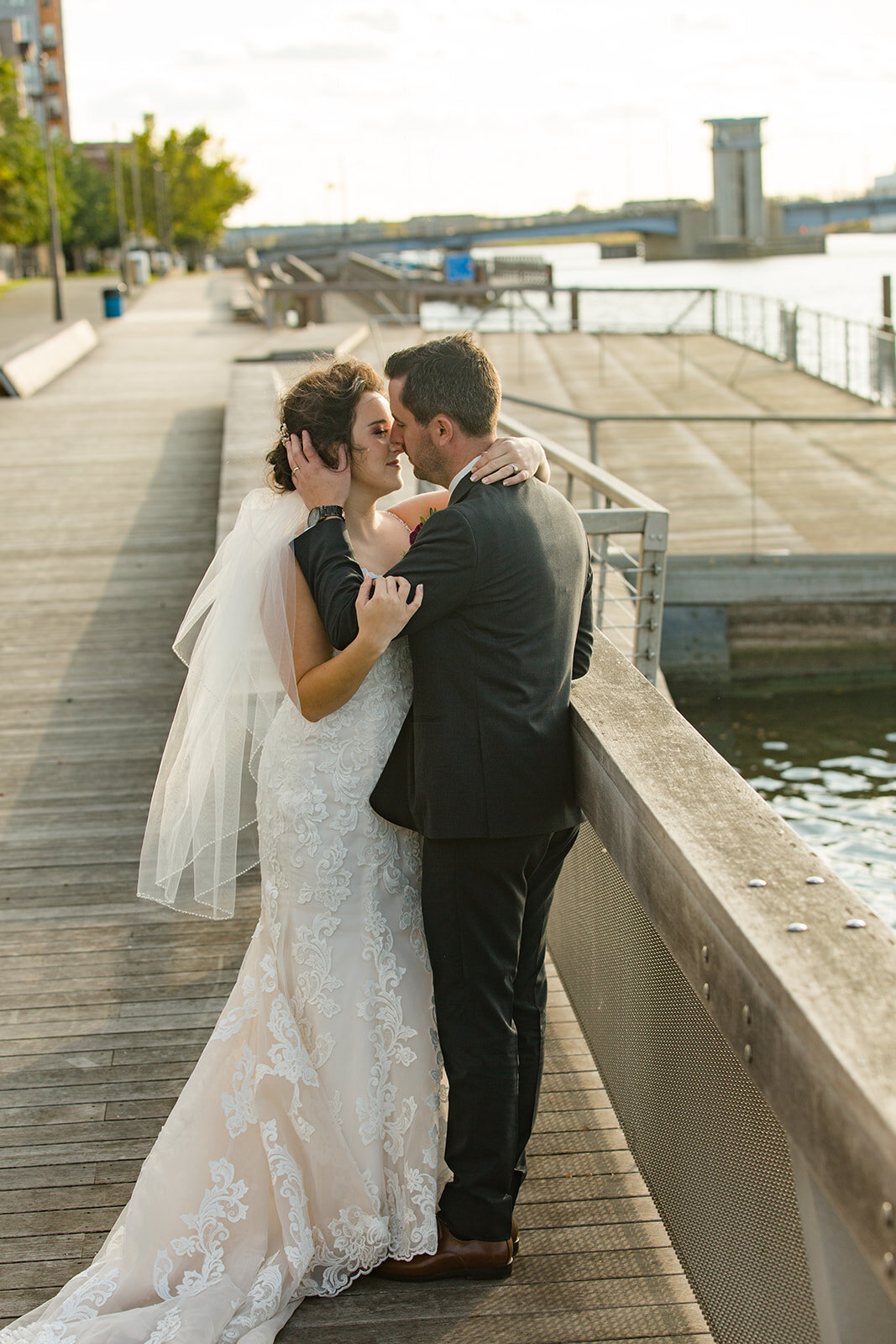 Full body wedding photo bride and groom City Deck Green Bay