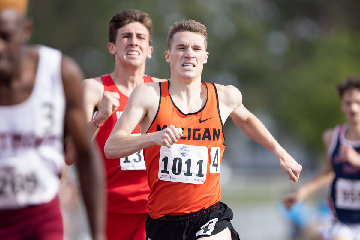 Milligan College's Tim Thacker in the finals of the mens 800m finals during day 3 of the 2020 NAIA National Championship in Gulf Shores, Alabama.