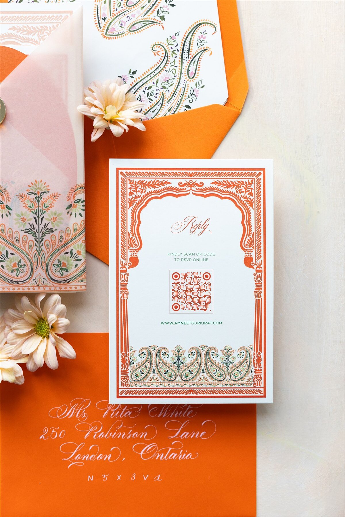 Orange paisley Indian wedding invitation 9