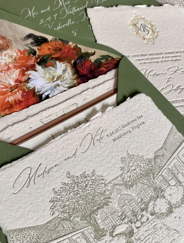 Wedding invitation with custom crest and wreath, wedding envelope with custom calligraphy