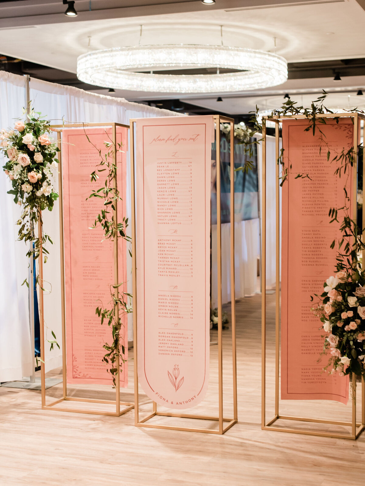 Peach, pink and rust wedding signage with copper piping by The Social Page, custom wedding invitations & signage based in Calgary, Alberta.  Featured on the Brontë Bride Vendor Guide.