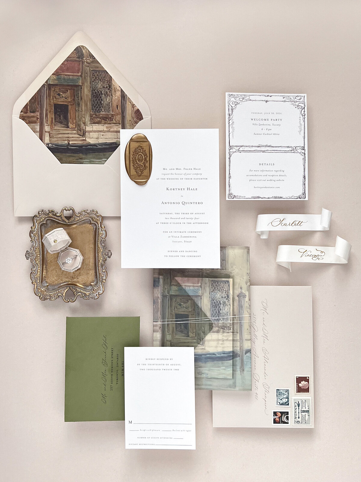 Italian-inspired wedding invitation suite with hand-drawn monogram pressed into a custom wax seal