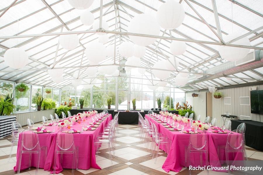 Pink and white greenhouse dinner party