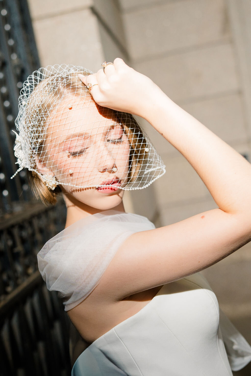 Romantic birdcage veil designed to frame the face beautifully for bridal portraits