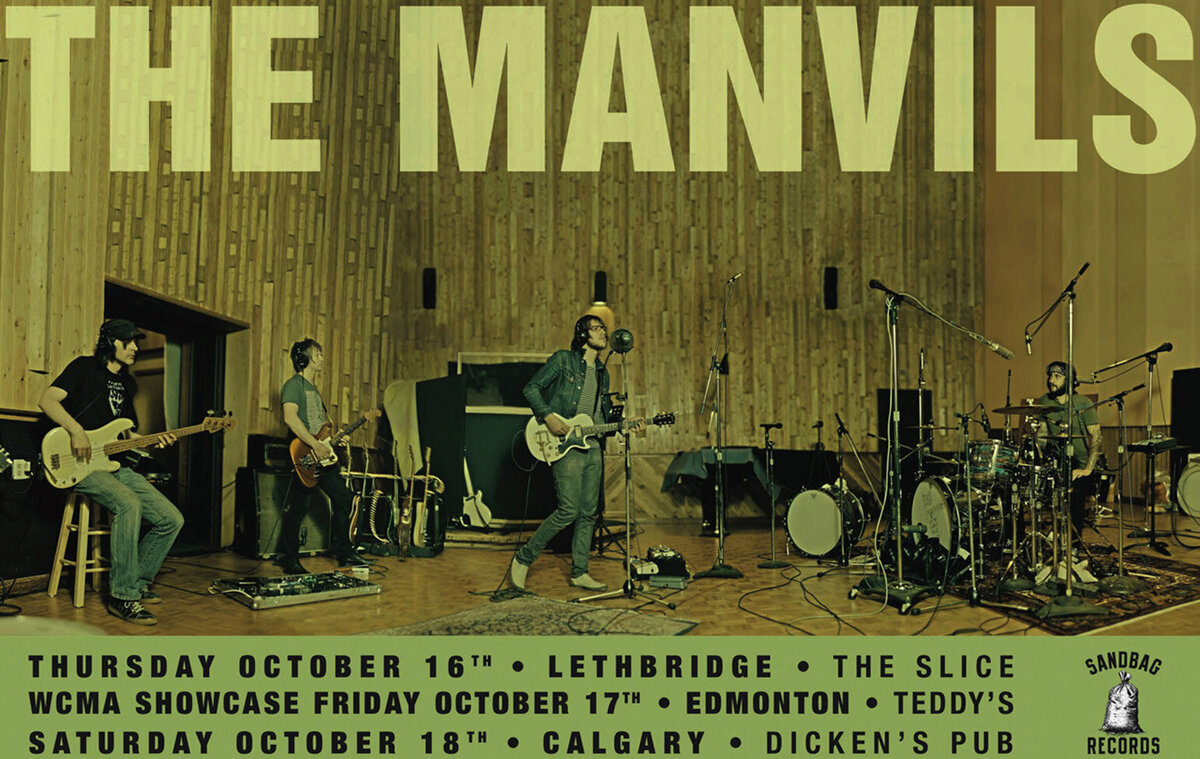 Gig Poster Band The Manvils landscape image members in studio playing instruments