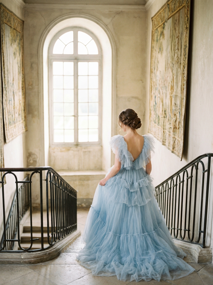 Firefly_Gemini Flash_Fine-art film fashion photograph of a woman descending a grand staircase in soft natu 257694