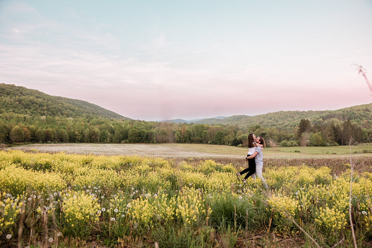 soft evening light engagement photo in PA mountains