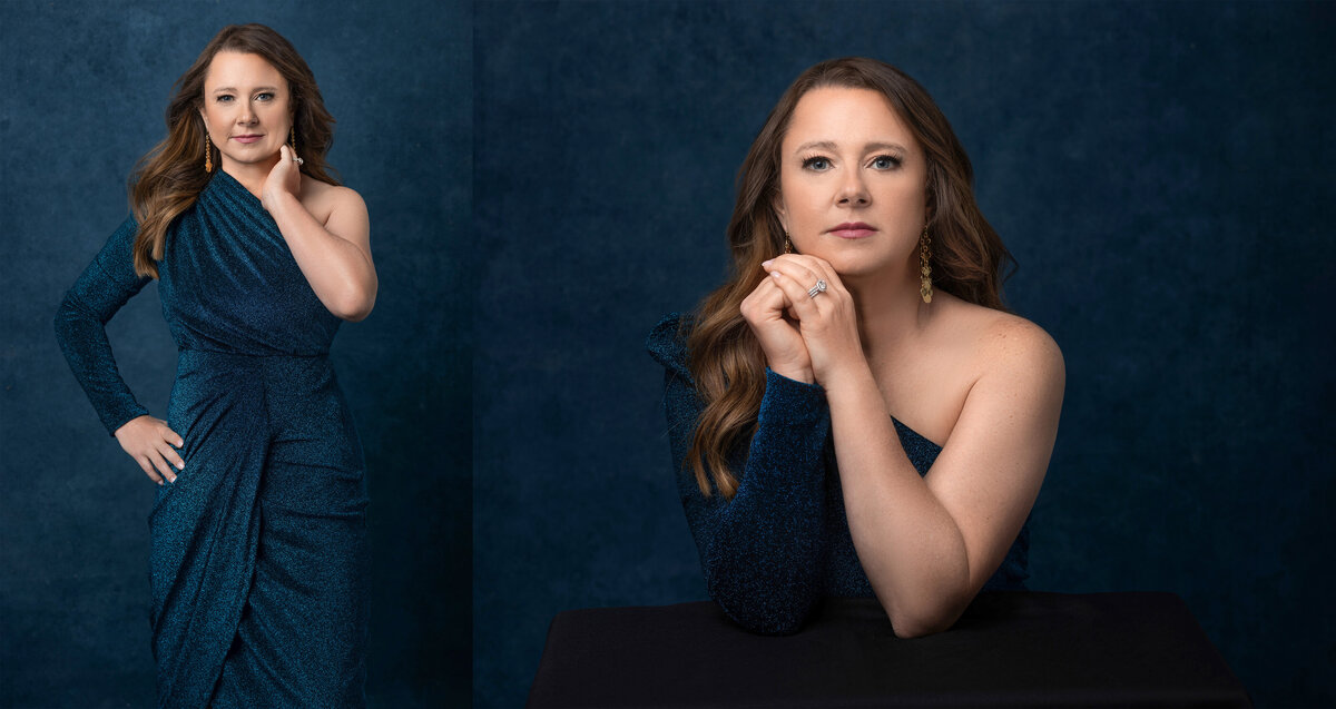 Elegant Cincinnati portrait showcasing a woman in a textured blue dress, exuding grace and poise against a deep blue backdrop. Her captivating gaze and classic style stand out in this striking image.