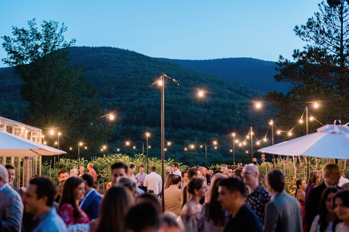 An evening gathering with guests dressed in semi-formal attire, chatting and mingling under string lights against the backdrop of green mountains and a clear sky.
