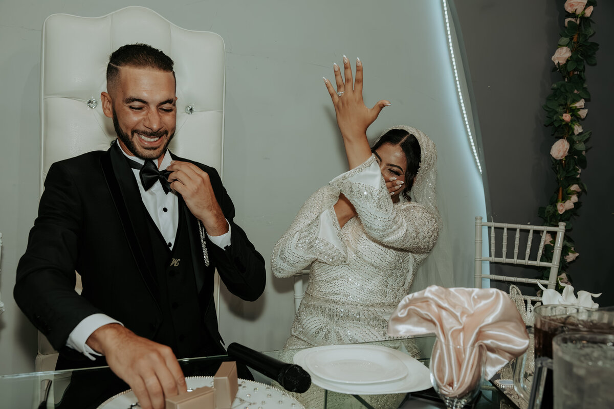 Bride Playfully Showing Her Ring After Gift Ceremony – Arabic Wedding in Los Angeles