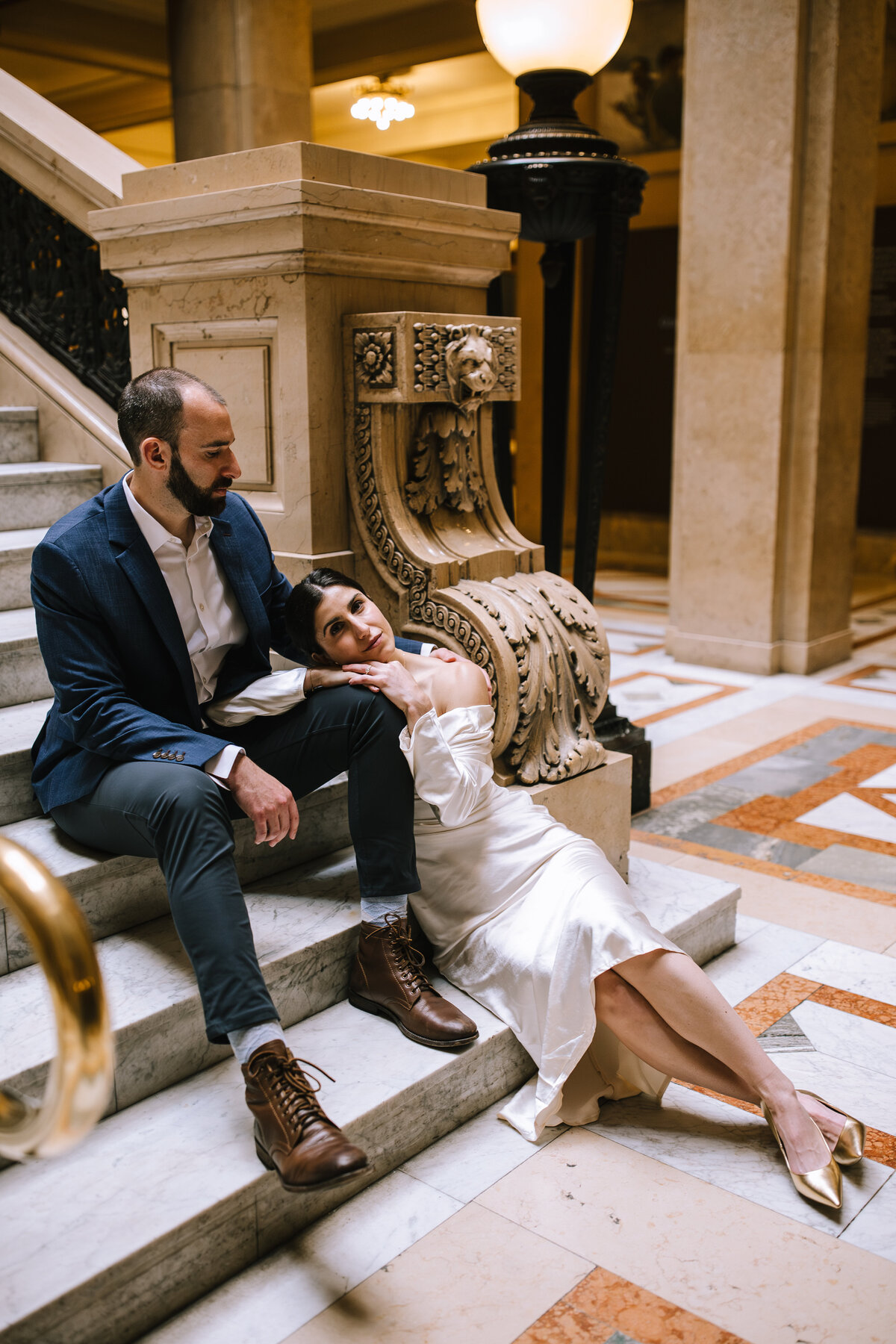 Engaged couple at the Carnegie Museum of Natural History.