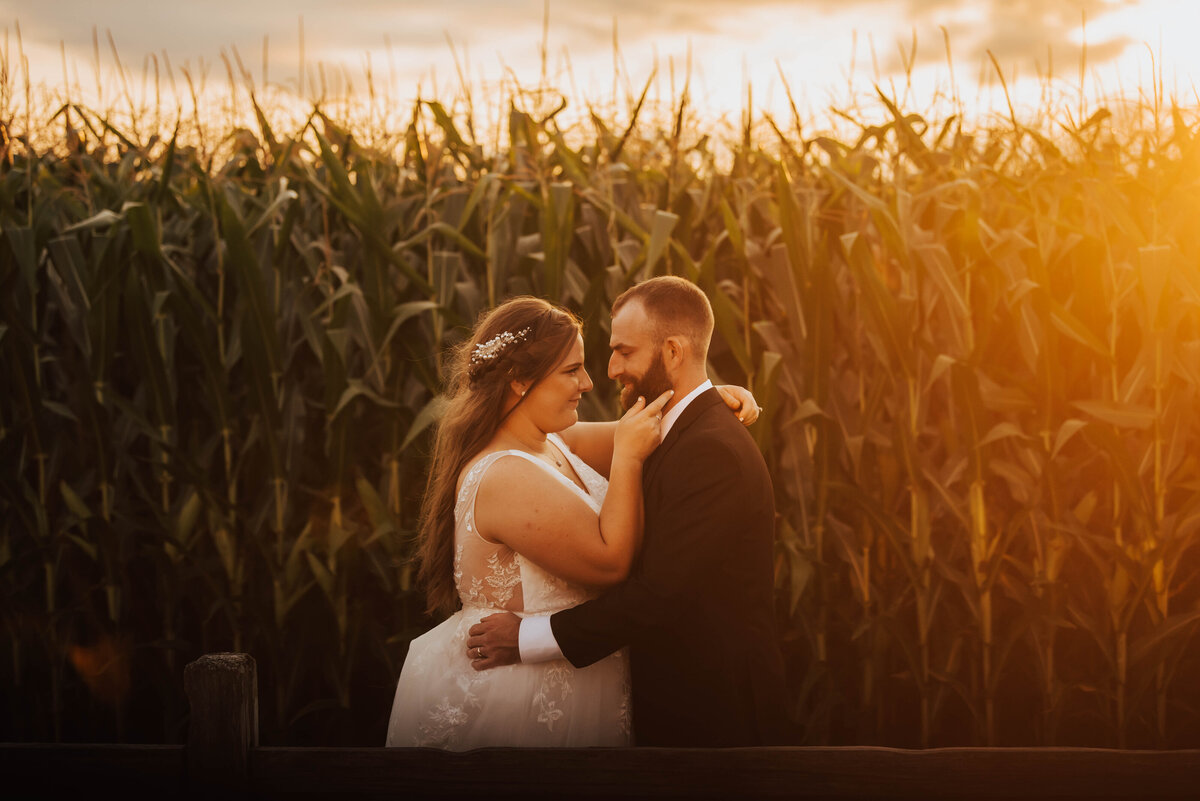 bride and groom hugging each other in front of a corn field at golden hour
