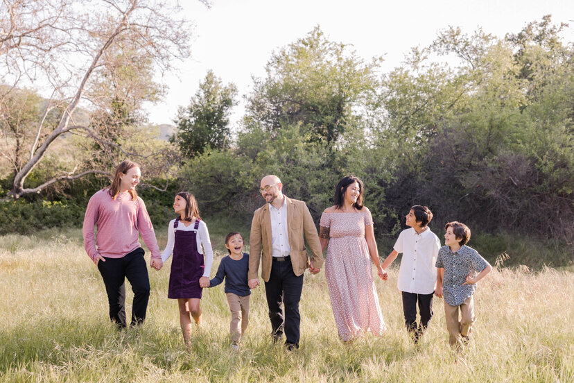 family-of-seven-walking-in-grassy-field--sweetwater-river-bridge-san-diego
