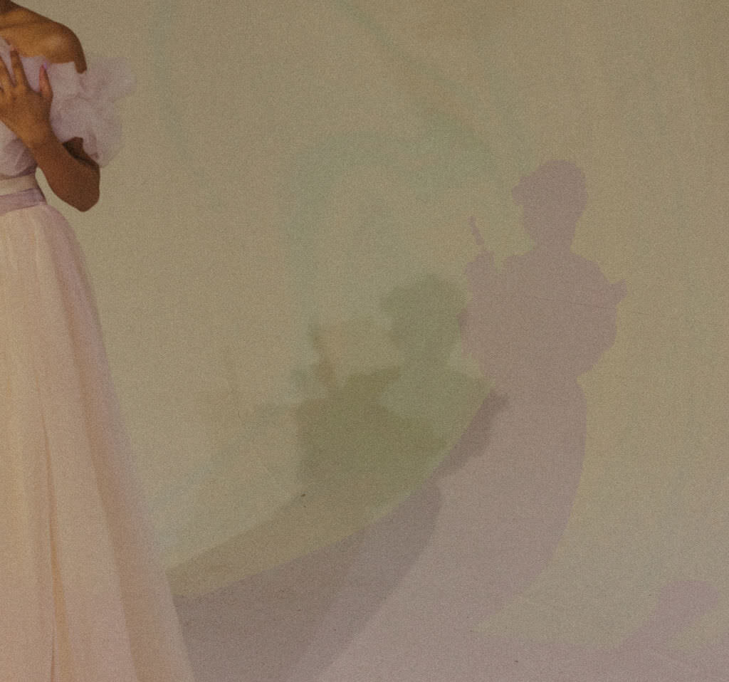 The shadow of a person in a wedding dress.