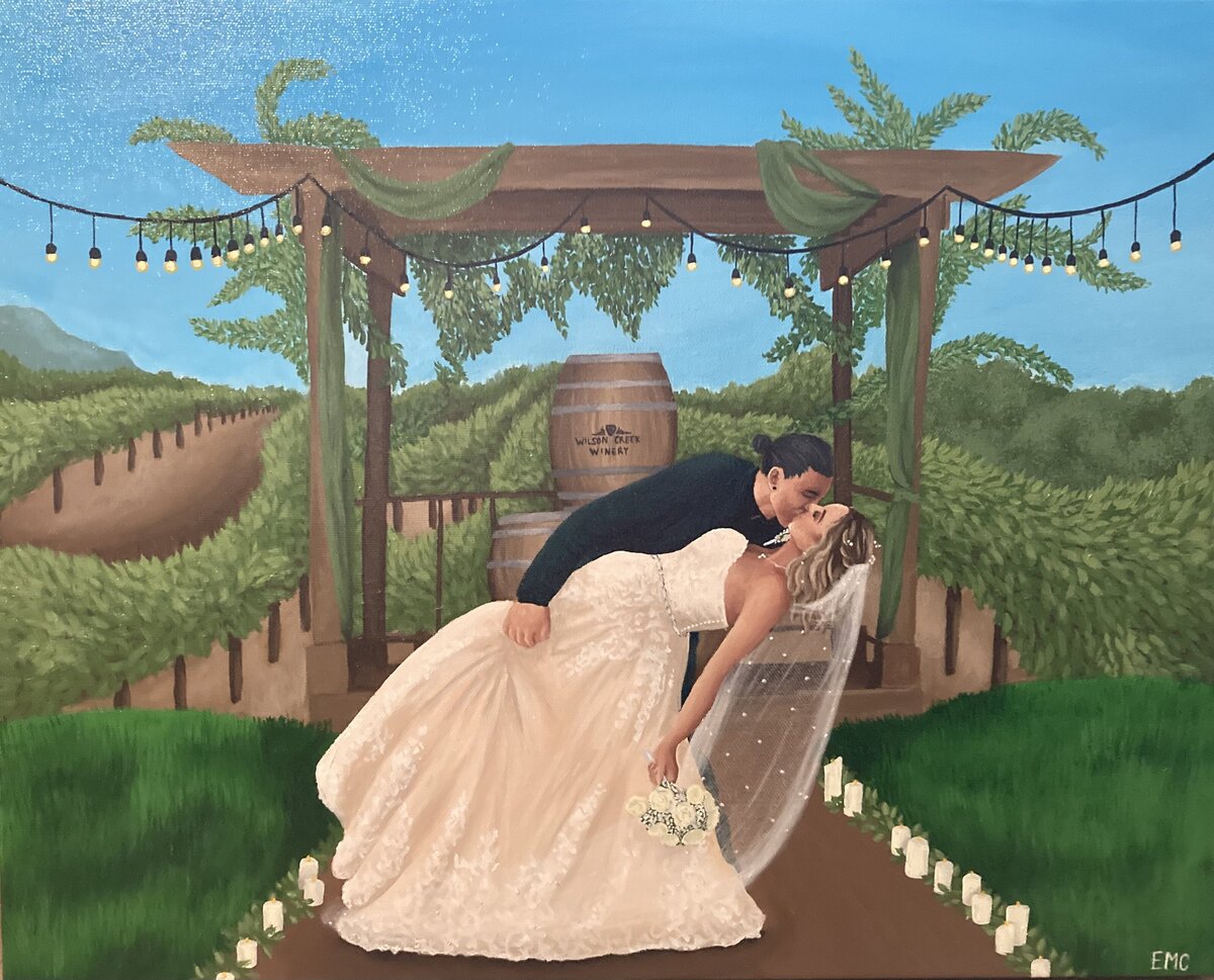Wedding painting of a dip kiss at vineyard in Temecula, California