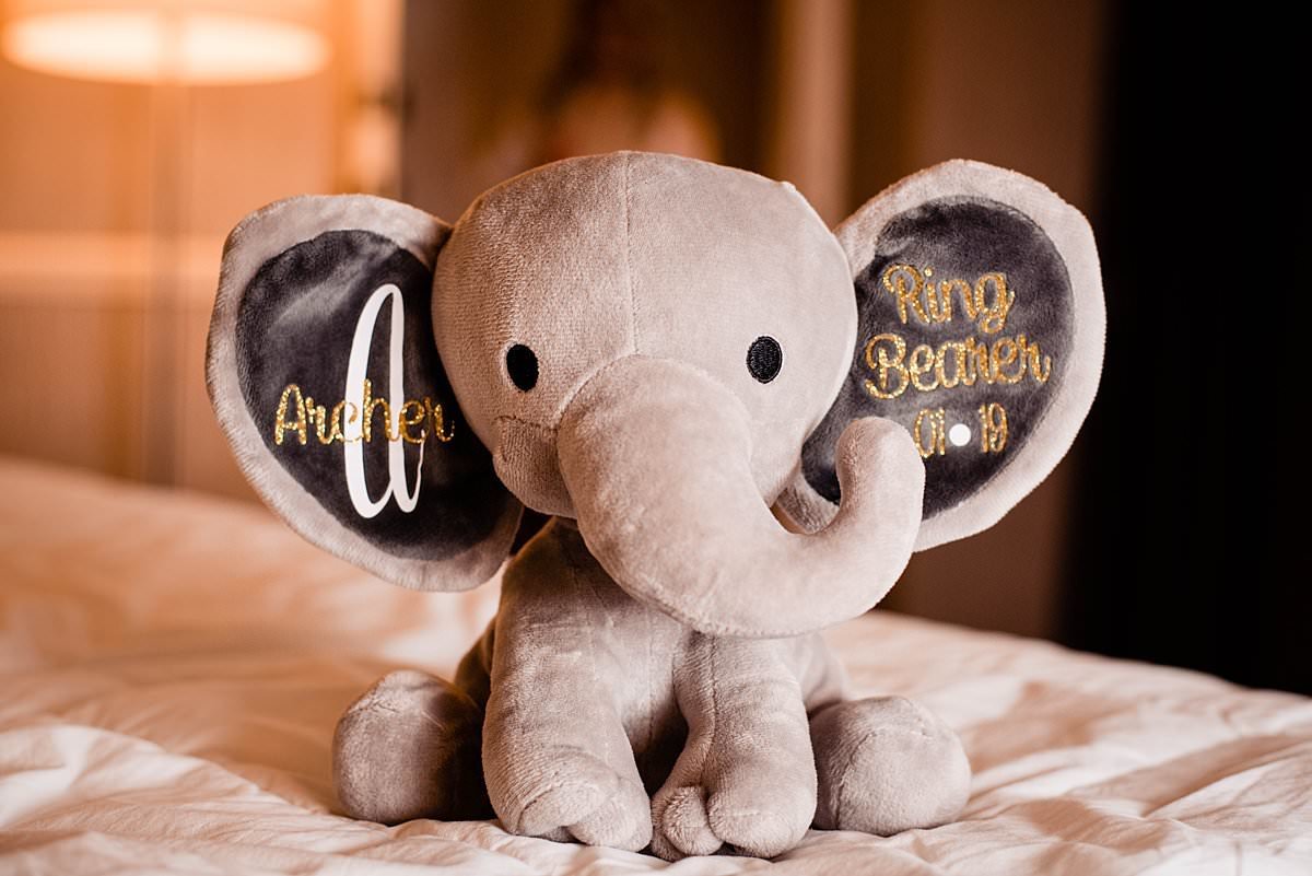Elephant plush gifted to ring bearer by the bride and groom