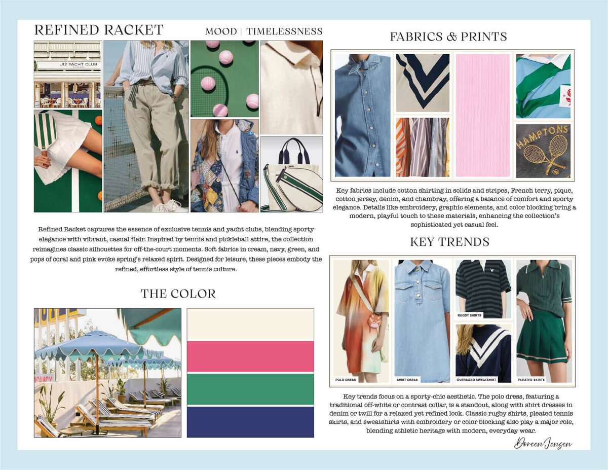 Trend and inspiration board for the Refined Racket collection by Doreen Apparel, featuring tennis club style, preppy color palette, and elevated athletic fabrics.