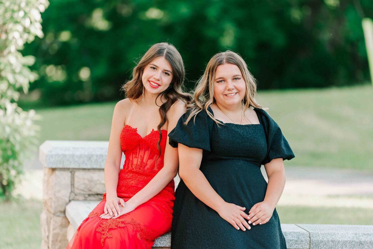 A girl and her bestie sitting on a wall. 