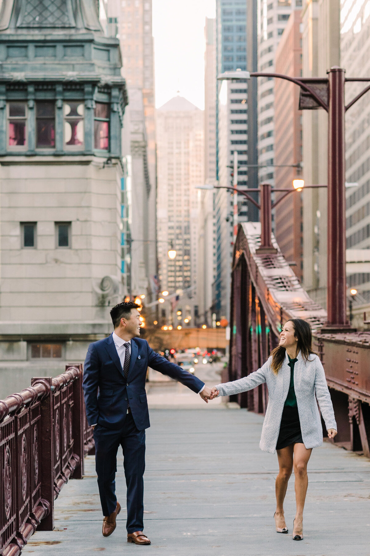 A sunrise engagement photo taken in downtown Chicago