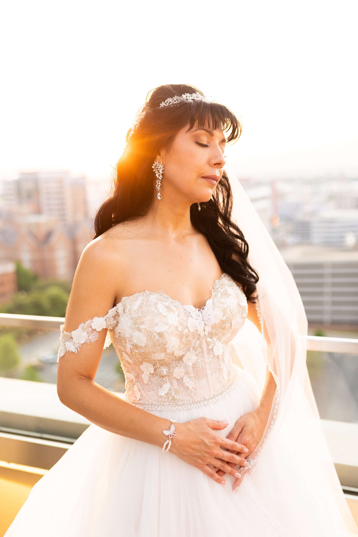 Bride wearing lace dress at The Aertson hotel, Nashville