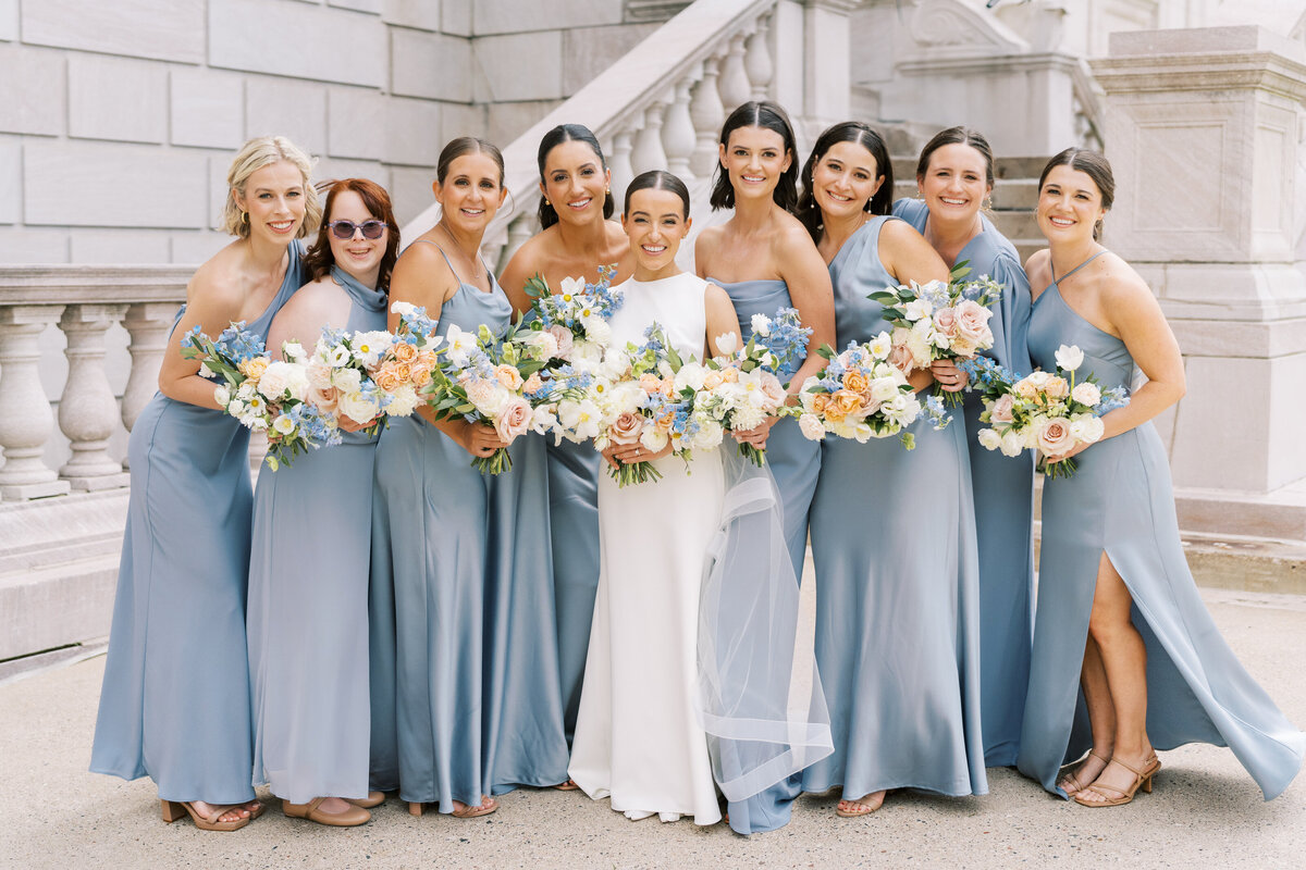 peach, blue, blush bouquets