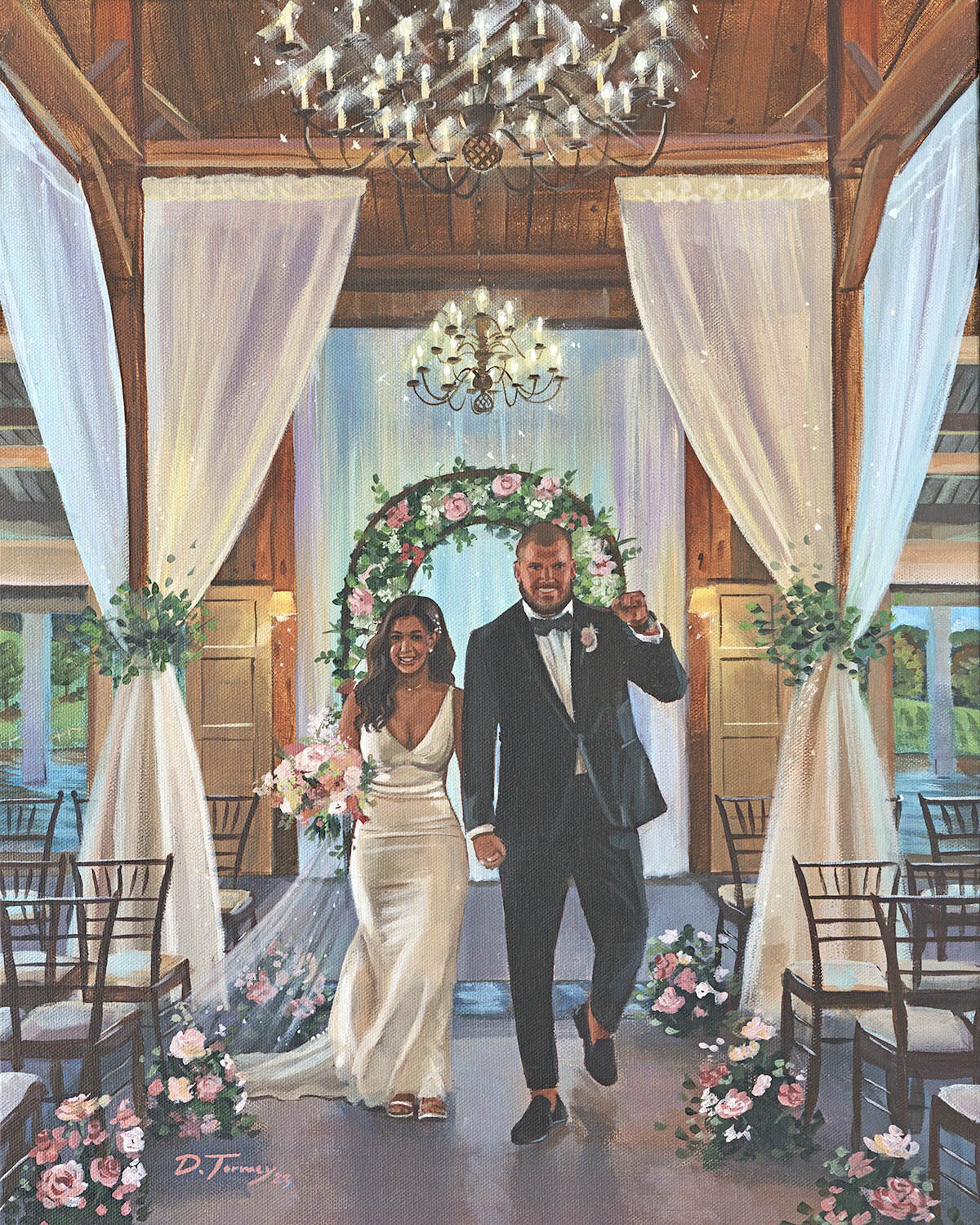Painting of bride and groom walking down the aisle
