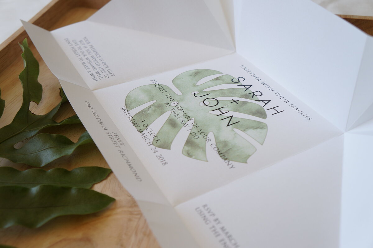 Monstera leaf tropical origami wedding invitation