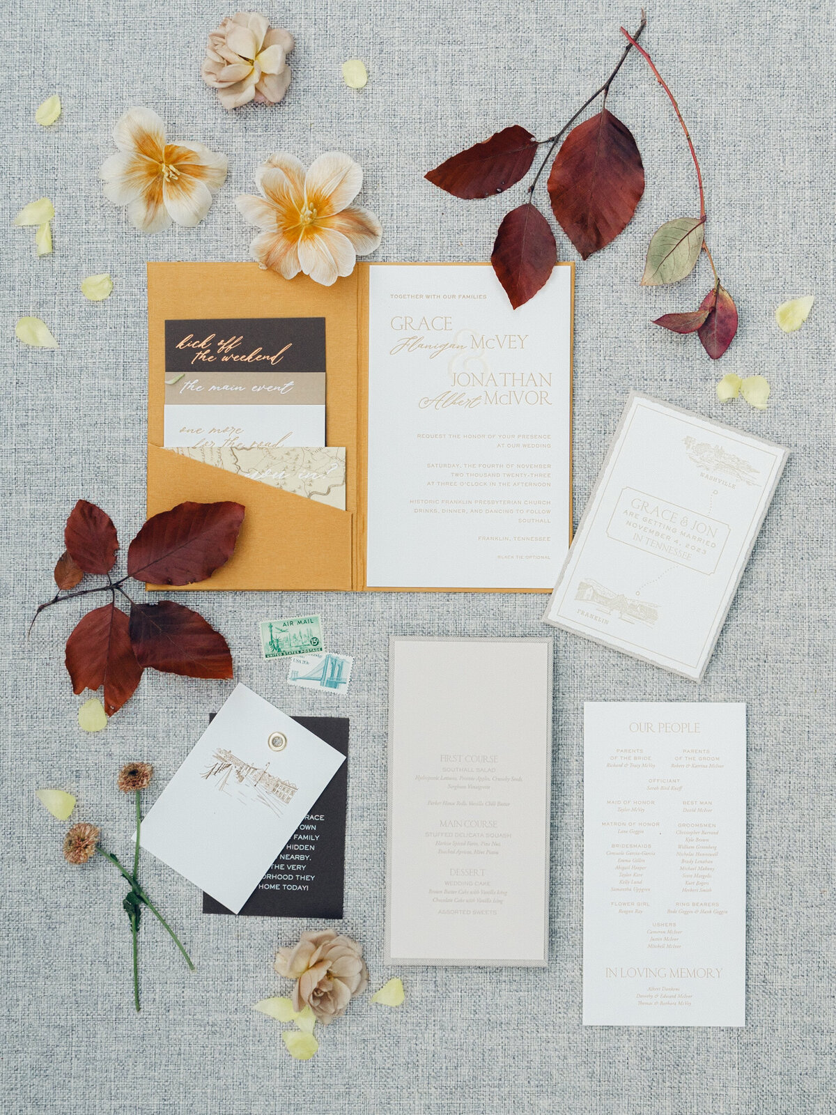 Unique and classic fall wedding in Tennessee countryside. Wedding colors of caramel, honey, dusty rose, and burgundy make perfect fall wedding florals. Roses, ranunculus, wildflowers, and fall foliage invite warm tones for outdoor fall wedding outside Nashville, TN. Design by Rosemary & Finch Floral Design in Nashville, TN.