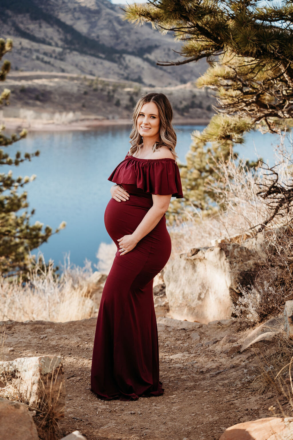 Maternity Session, Red Dress at Horsetooth Fort Collins Colorado