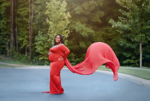 Long flowy red maternity dress